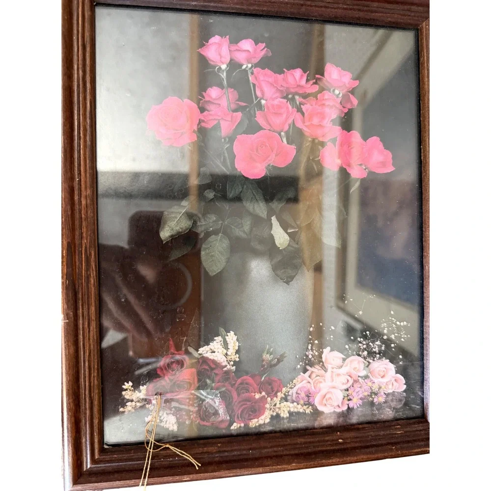 Vintage Framed Pink Rose Floral Still Life Dark Wood Frame 8x10 Cottagecore